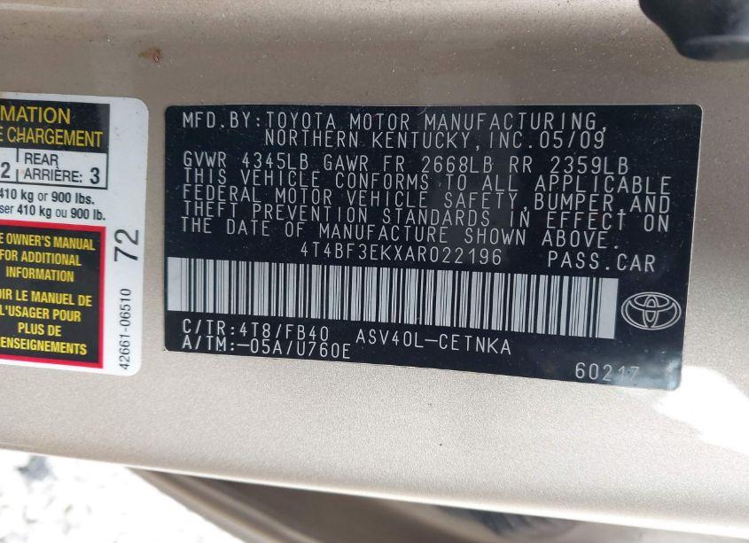 Photo 9 of 2010 Toyota Camry LE (VIN 4T4BF3EKXAR022196)