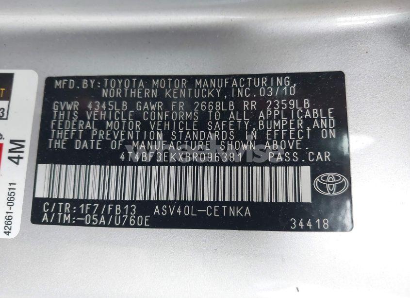 Photo 9 of 2011 Toyota Camry LE/SE/XLE (VIN 4T4BF3EKXBR096381)