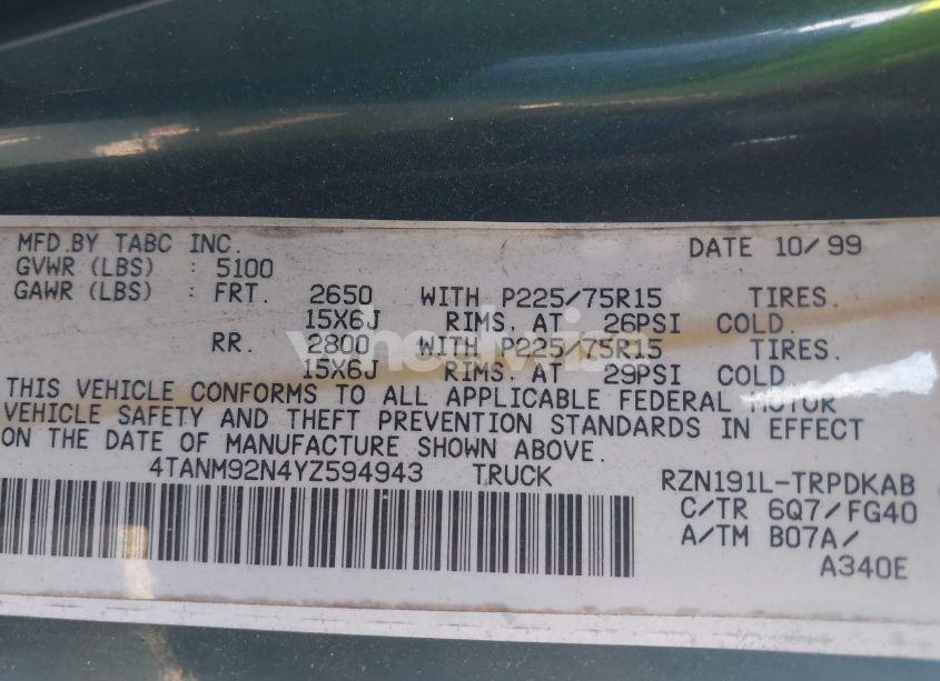 Photo 9 of 2000 Toyota Tacoma PRERUNNER (VIN 4TANM92N4YZ594943)