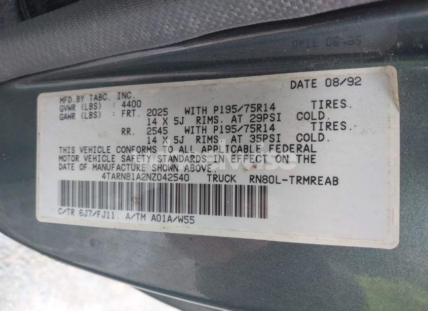 Photo 9 of 1992 Toyota Pickup 1/2 TON SHORT WHLBASE STB (VIN 4TARN81A2NZ042540)