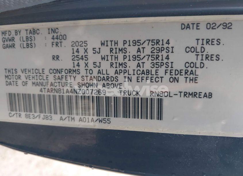 Photo 9 of 1992 Toyota Pickup 1/2 TON SHORT WHLBASE STB (VIN 4TARN81A4NZ007269)