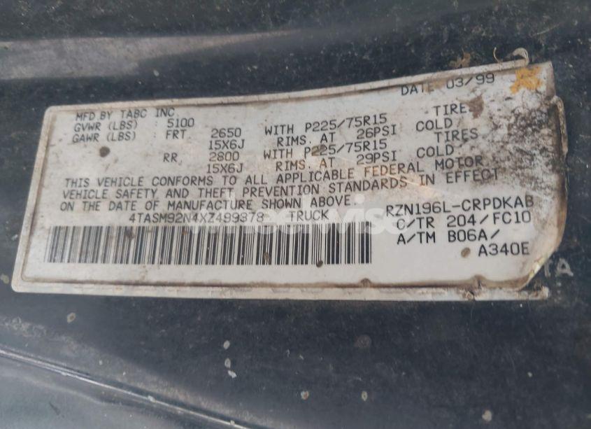 Photo 9 of 1999 Toyota Tacoma PRERUNNER (VIN 4TASM92N4XZ499378)