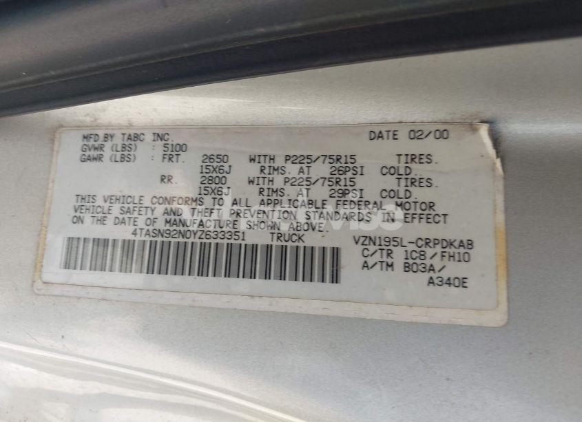 Photo 9 of 2000 Toyota Tacoma PRERUNNER V6 (VIN 4TASN92N0YZ633351)