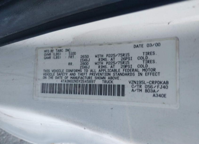 Photo 9 of 2000 Toyota Tacoma PRERUNNER V6 (VIN 4TASN92N5YZ645897)