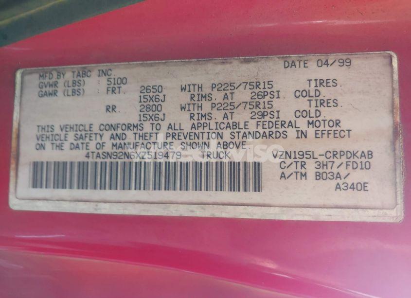 Photo 9 of 1999 Toyota Tacoma PRERUNNER V6 (VIN 4TASN92N6XZ519479)