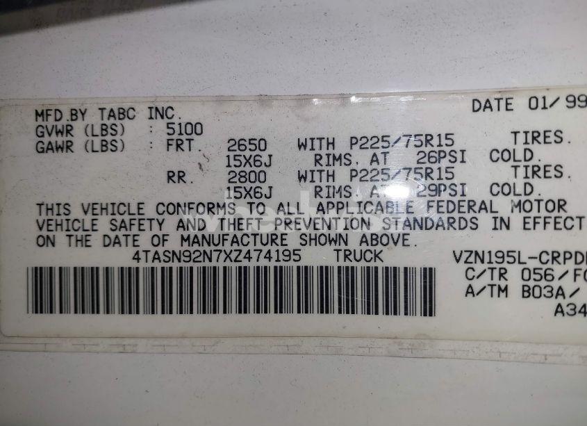 Photo 9 of 1999 Toyota Tacoma PRERUNNER V6 (VIN 4TASN92N7XZ474195)