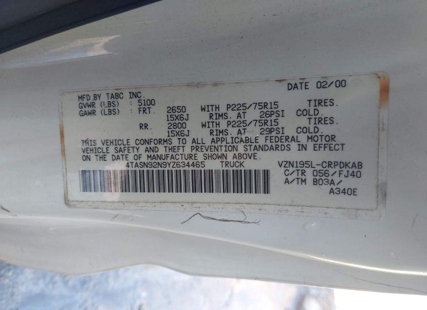 Photo 9 of 2000 Toyota Tacoma PRERUNNER V6 (VIN 4TASN92N9YZ634465)