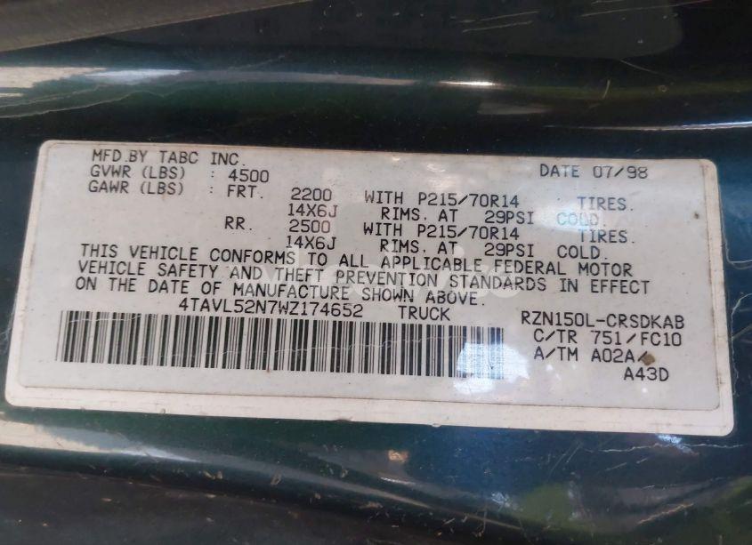 Photo 9 of 1998 Toyota Tacoma (VIN 4TAVL52N7WZ174652)