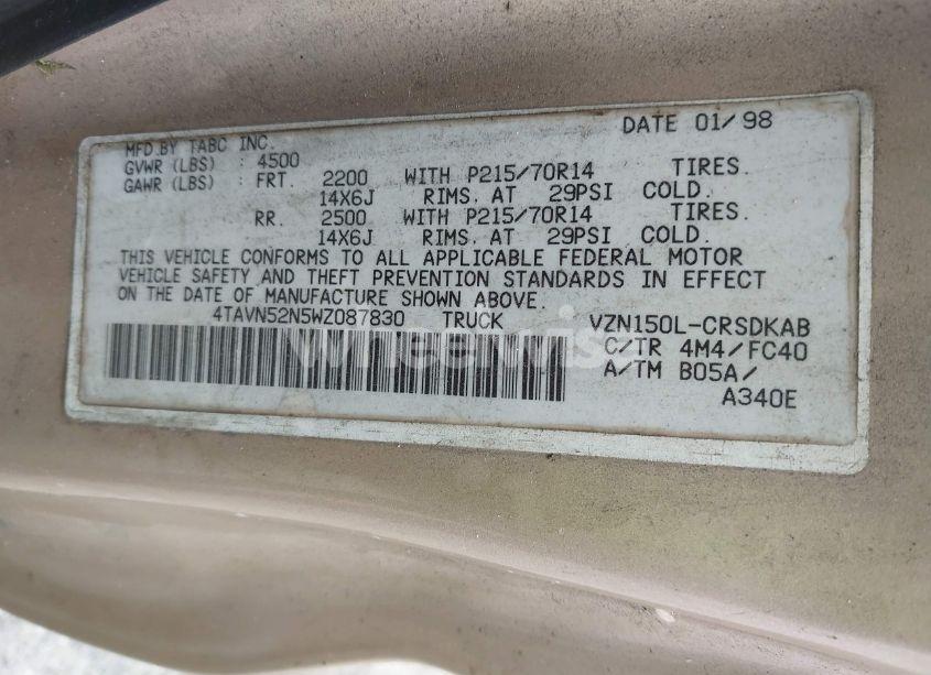 Photo 9 of 1998 Toyota Tacoma BASE V6 (VIN 4TAVN52N5WZ087830)