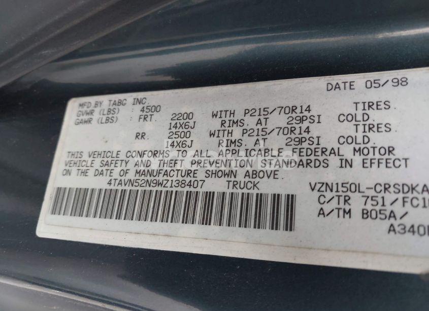Photo 9 of 1998 Toyota Tacoma BASE V6 (VIN 4TAVN52N9WZ138407)