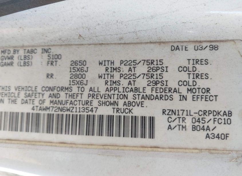 Photo 9 of 1998 Toyota Tacoma (VIN 4TAWM72N6WZ113547)