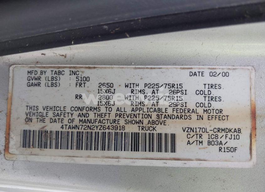 Photo 9 of 2000 Toyota Tacoma BASE V6 (VIN 4TAWN72N2YZ643918)