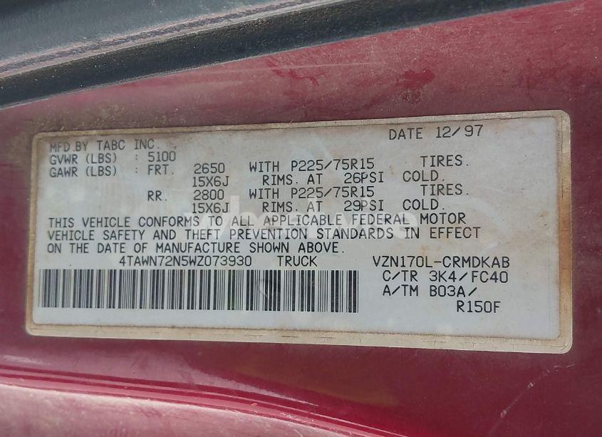Photo 9 of 1998 Toyota Tacoma BASE V6 (VIN 4TAWN72N5WZ073930)