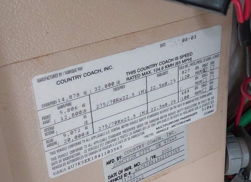 Photo 9 of 2004 Country Coach MOTORHOME INSPIRE (VIN 4U7K5EK1841103569)