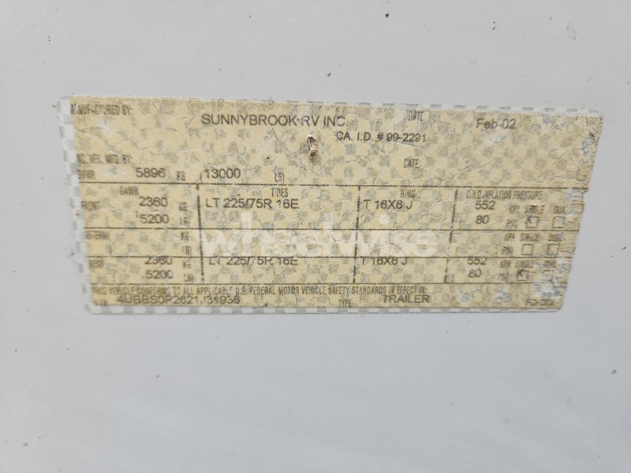 Photo 10 of 2002 SUNNY BROOK 5TH WHEEL (VIN 4UBBS0P2621J31936)