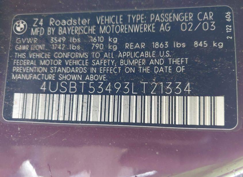 Photo 9 of 2003 Bmw Z4 3.0I (VIN 4USBT53493LT21334)