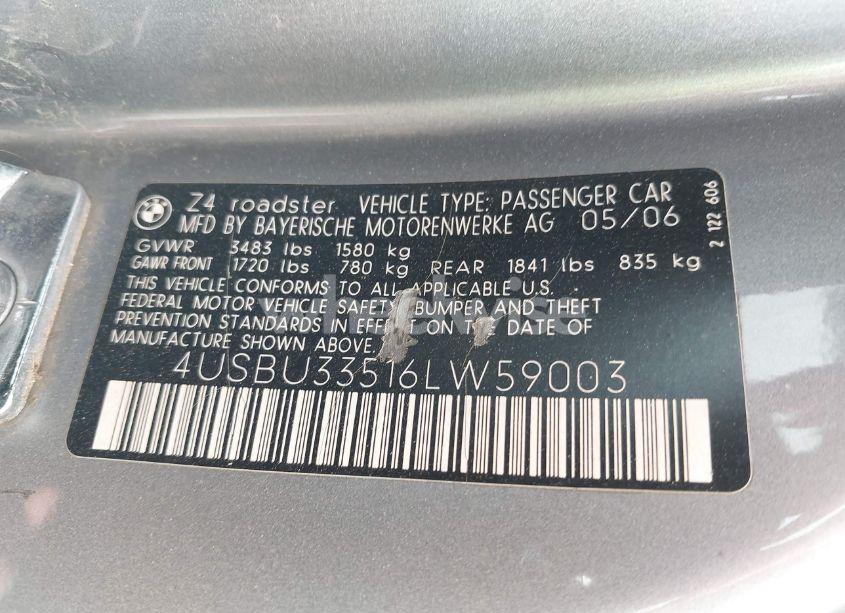 Photo 9 of 2006 Bmw Z4 3.0I (VIN 4USBU33516LW59003)