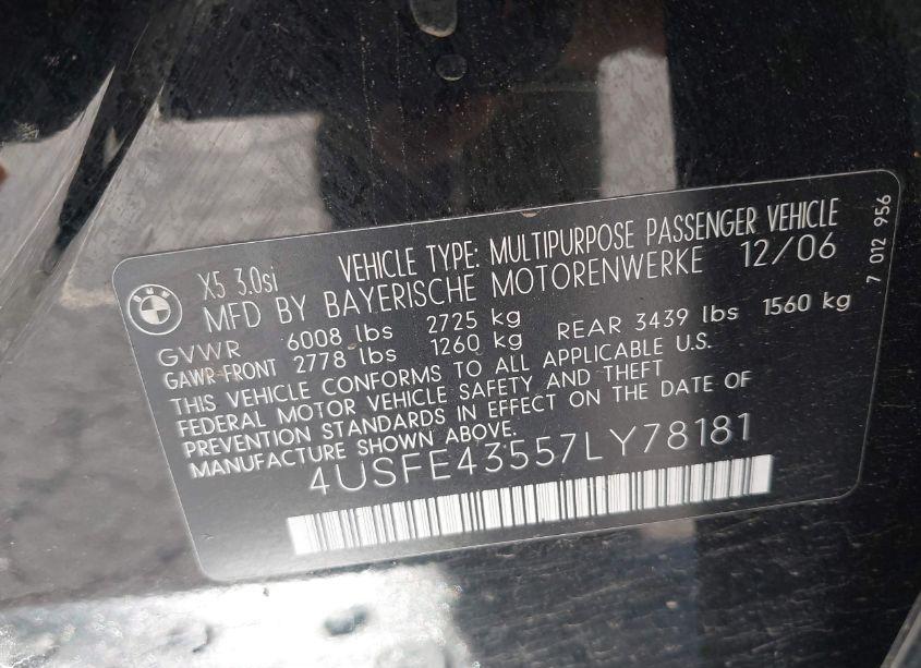 Photo 9 of 2007 Bmw X5 3.0SI (VIN 4USFE43557LY78181)