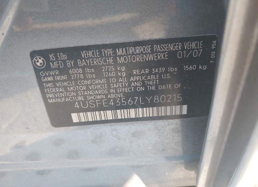 Photo 9 of 2007 Bmw X5 3.0SI (VIN 4USFE43567LY80215)