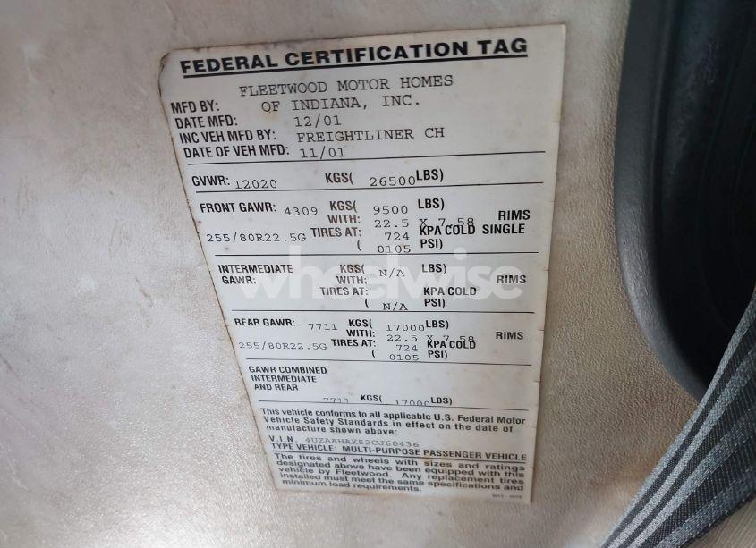 Photo 9 of 2002 Freightliner Fleetwood MOTOR HOME X LINE MOTOR HOME (VIN 4UZAAHAK52CJ60436)