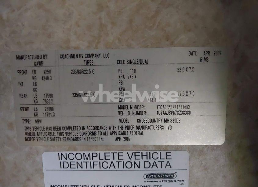 Photo 9 of 2007 Freightliner Chassis X LINE MOTOR HOME (VIN 4UZAAJBV67CZ38380)