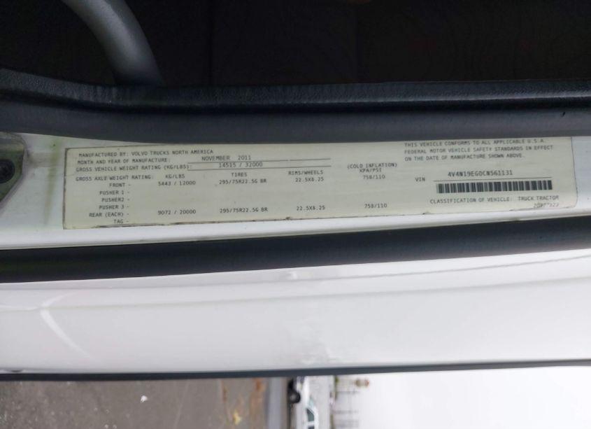 Photo 8 of 2012 Volvo Vn VNL (VIN 4V4N19EG0CN561131)