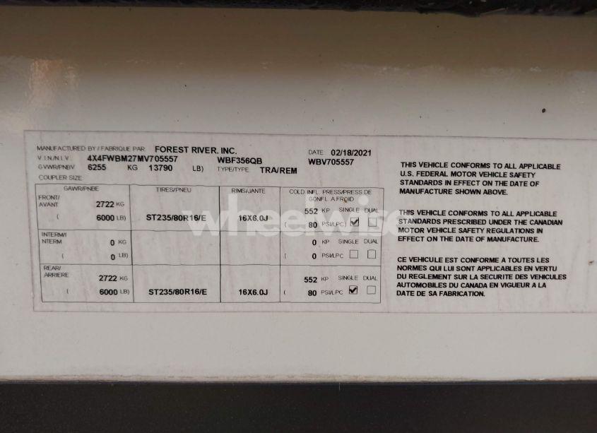 Photo 9 of 2021 Forest River WILDWOOD TRAVEL TRAILER (VIN 4X4FWBM27MV705557)