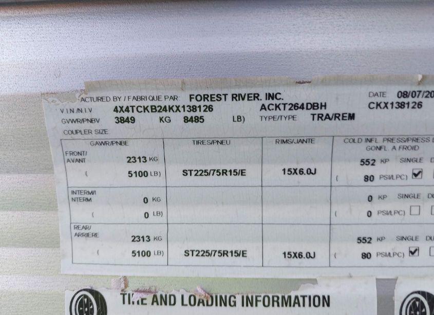 Photo 9 of 2019 Forest River CHEROKEE LIMITED TRAVEL TRAILER (VIN 4X4TCKB24KX138126)