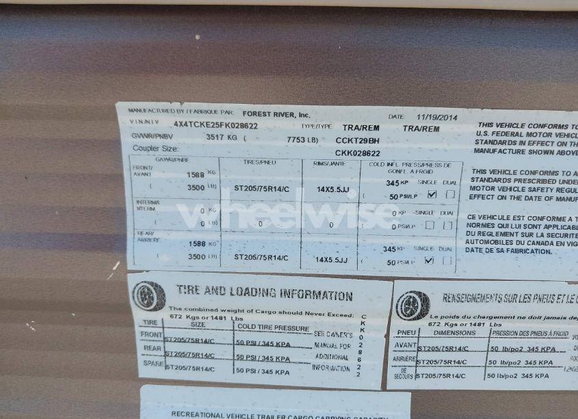 Photo 9 of 2015 Cherokee Travel TRLR (VIN 4X4TCKE25FK028622)