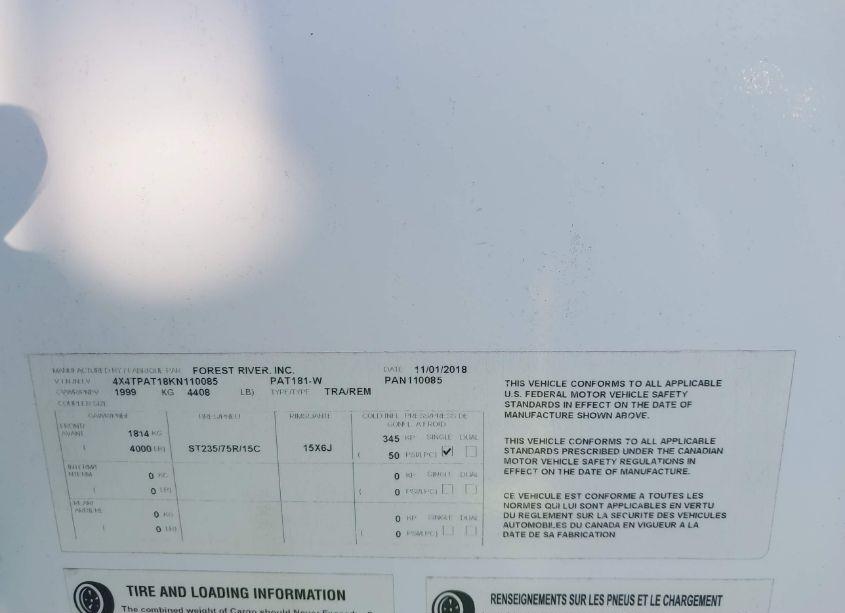 Photo 9 of 2019 Forest River OTHER (VIN 4X4TPAT18KN110085)