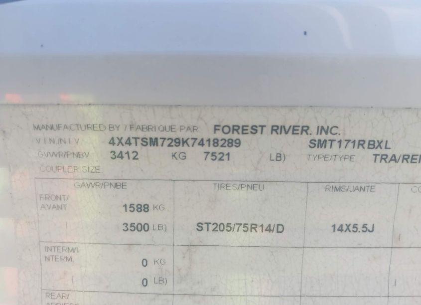 Photo 9 of 2019 Forest River OTHER (VIN 4X4TSM729K7418289)