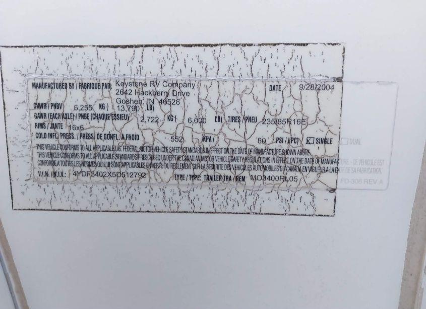 Photo 9 of 2005 Montana Travel TRLR (VIN 4YDF3402X5D512792)