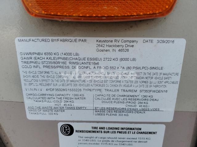 Photo 6 of 2016 KEYS TONE SPRINTER 353 FW (VIN 4YDF35328G1533226)