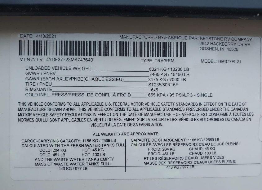 Photo 9 of 2021 Keys Montana (VIN 4YDF37723MA743640)