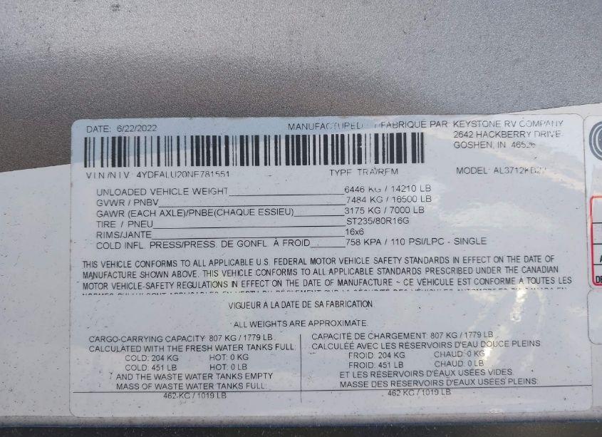 Photo 9 of 2022 Keystone Alpine TRAVEL TRAILER (VIN 4YDFALU20NE781551)