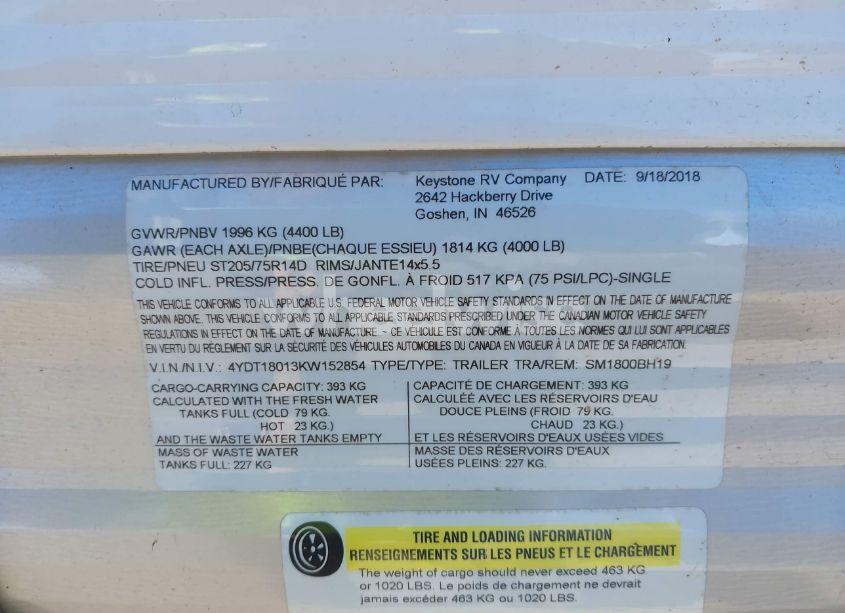 Photo 9 of 2019 Keystone Summerland (VIN 4YDT18013KW152854)
