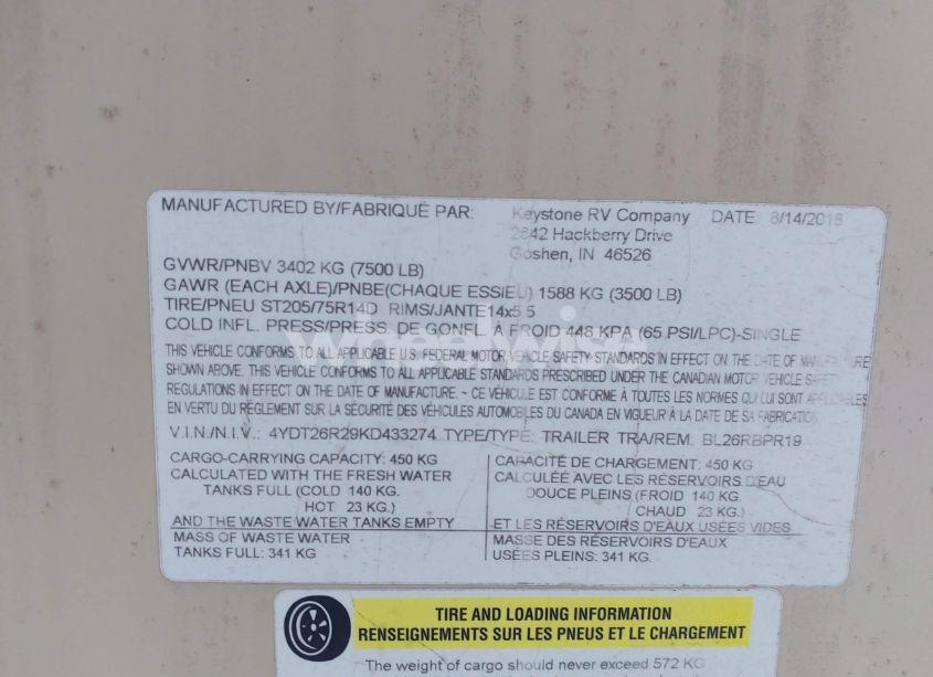 Photo 9 of 2019 Keystone Bullet PREMIER 26 RBPR (VIN 4YDT26R29KD433274)