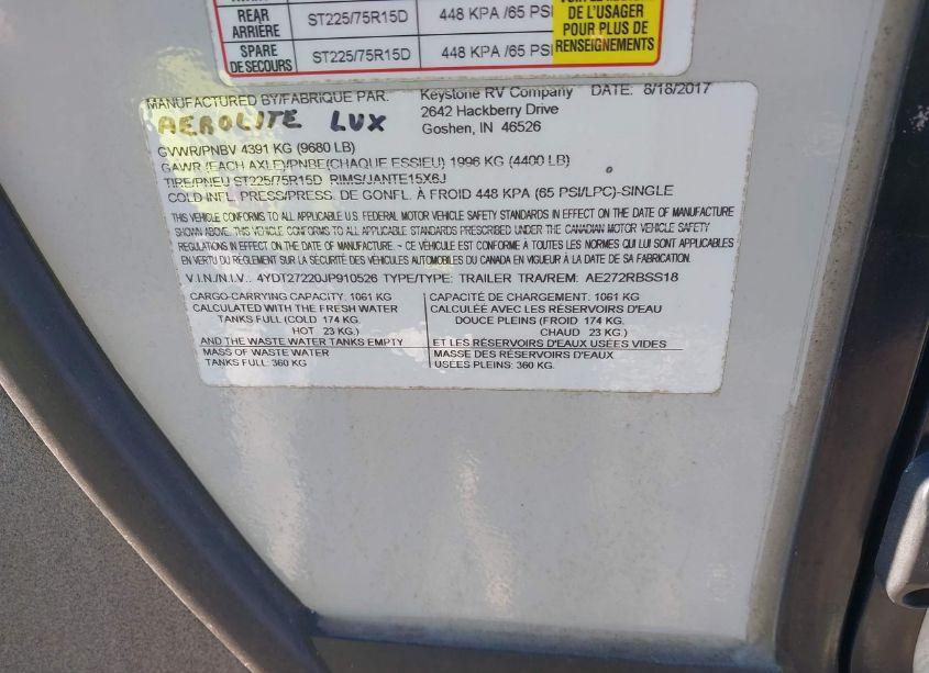 Photo 9 of 2018 Dutchmen Aerolite 272RBSS (VIN 4YDT27220JP910526)