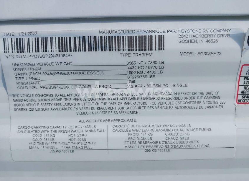 Photo 9 of 2022 Keystone Rv OTHER (VIN 4YDTSGP29N3106487)