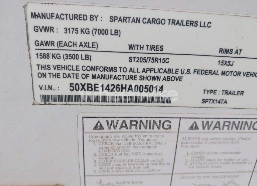 Photo 9 of 2017 Sparta Manufacturing CORP ENCLOSED TRAILER (VIN 50XBE1426HA005014)