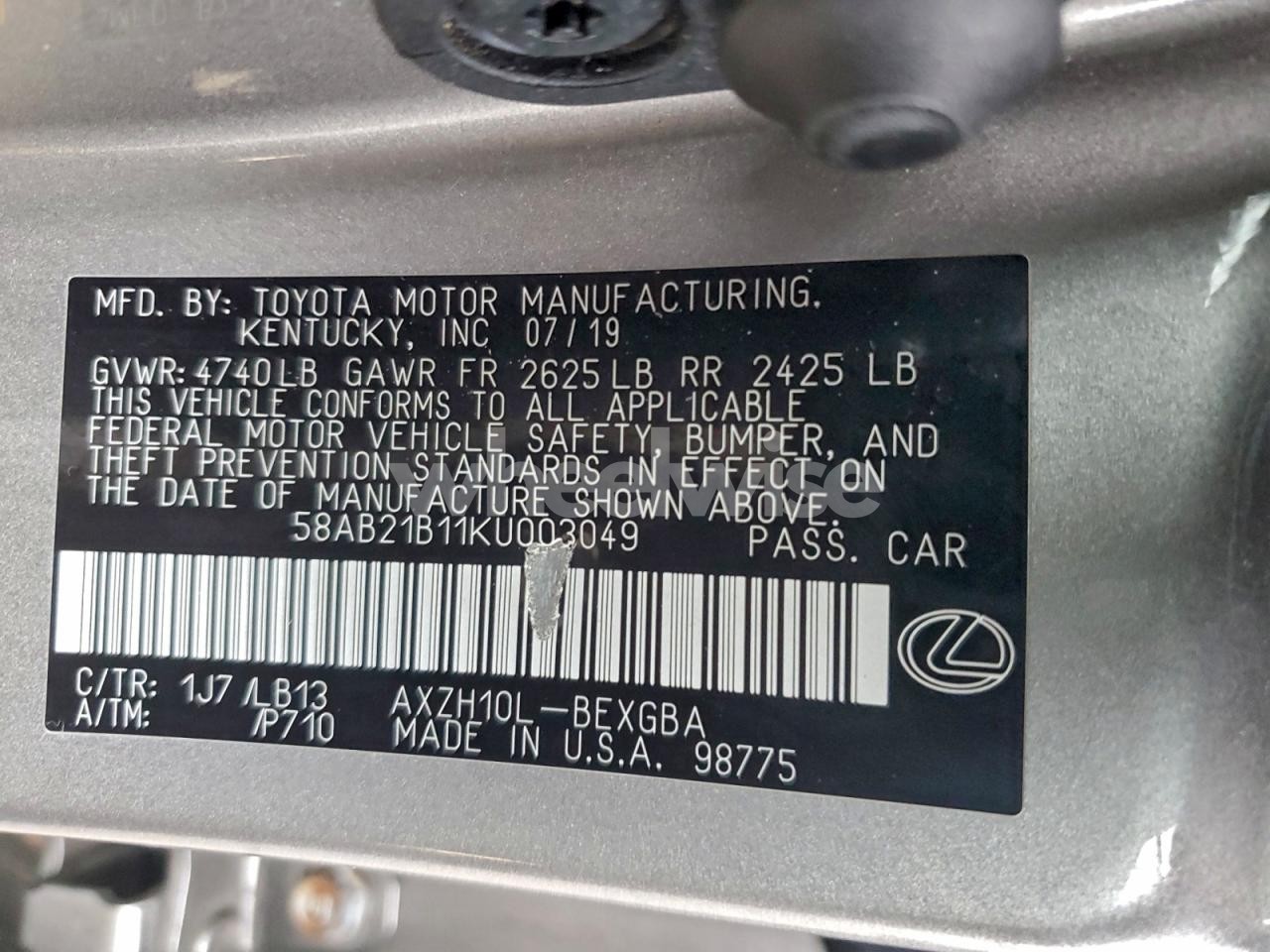 Photo 12 of 2019 LEXUS ES 300H (VIN 58AB21B11KU003049)