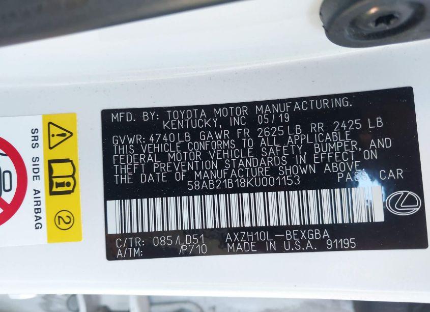 Photo 9 of 2019 Lexus Es 300H (VIN 58AB21B18KU001153)