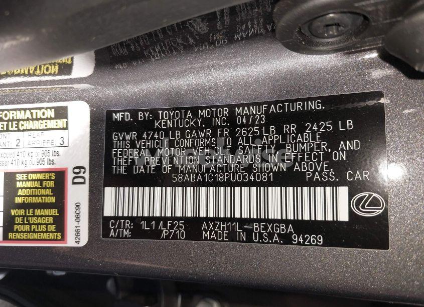 Photo 9 of 2023 Lexus Es 300H F SPORT HANDLING (VIN 58ABA1C18PU034081)