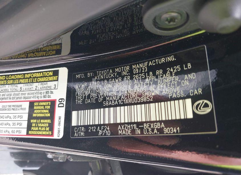 Photo 9 of 2024 Lexus Es 300H F SPORT HANDLING (VIN 58ABA1C1XRU039852)