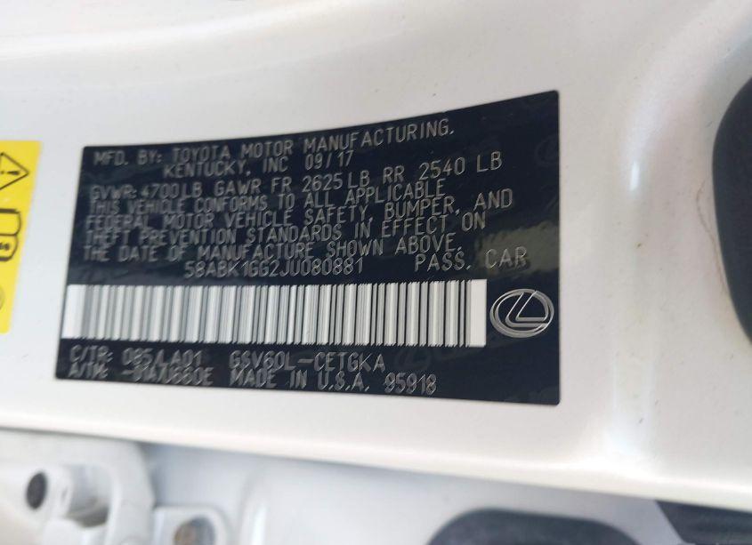 Photo 9 of 2018 Lexus Es 350 (VIN 58ABK1GG2JU080881)