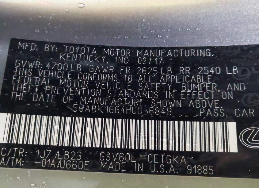 Photo 9 of 2017 Lexus Es 350 (VIN 58ABK1GG4HU056849)