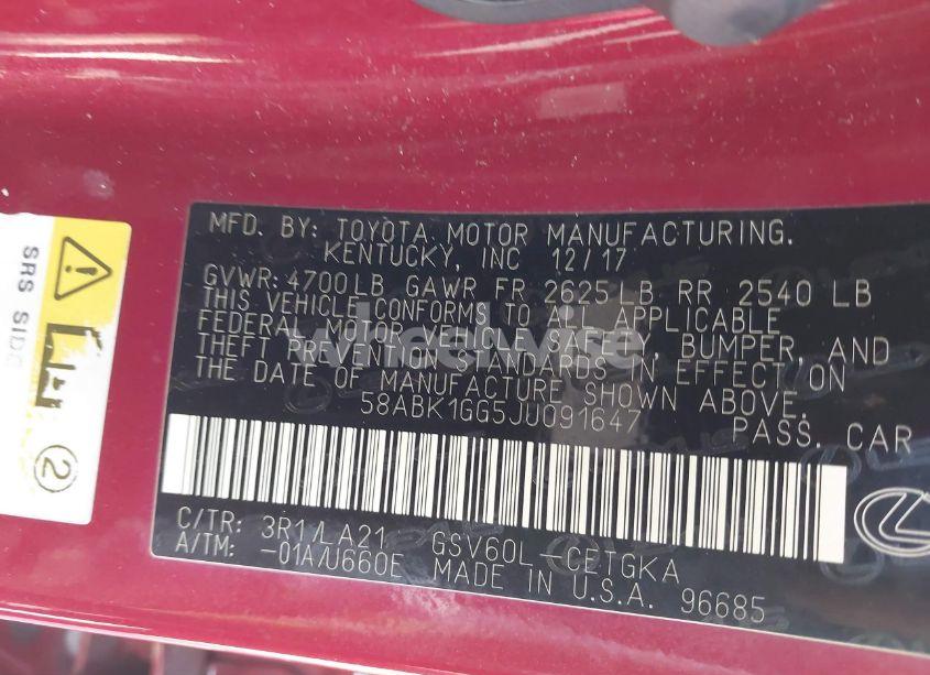 Photo 9 of 2018 Lexus Es 350 (VIN 58ABK1GG5JU091647)