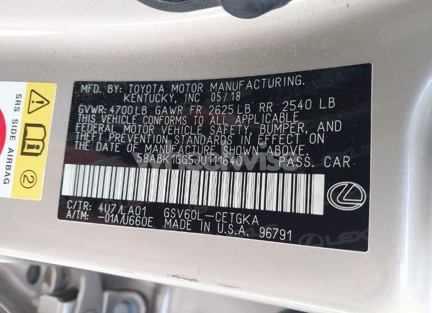 Photo 9 of 2018 Lexus Es 350 (VIN 58ABK1GG5JU111640)