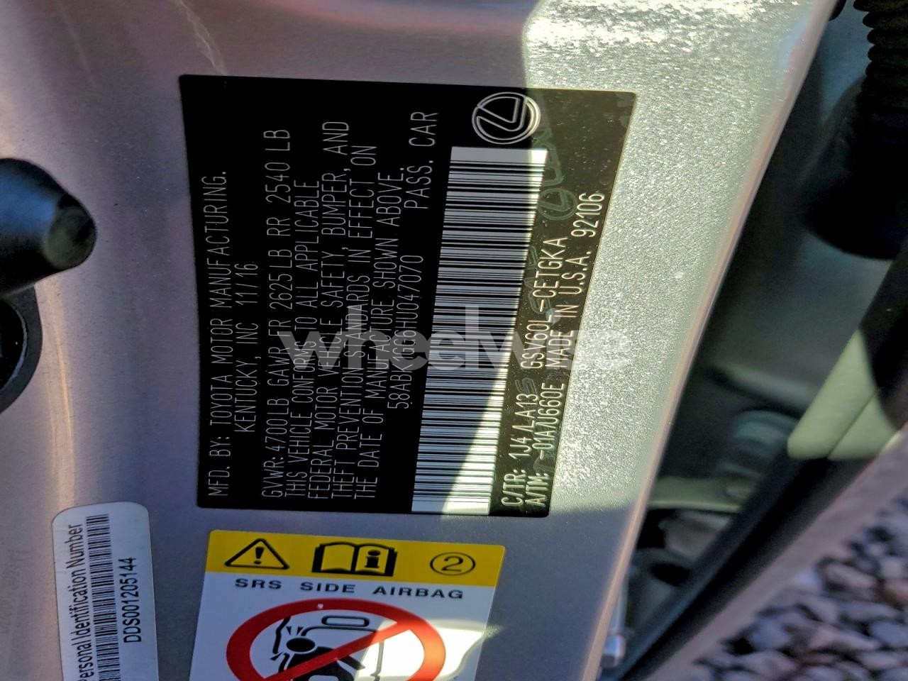 Photo 12 of 2017 LEXUS ES 350 (VIN 58ABK1GG6HU047070)