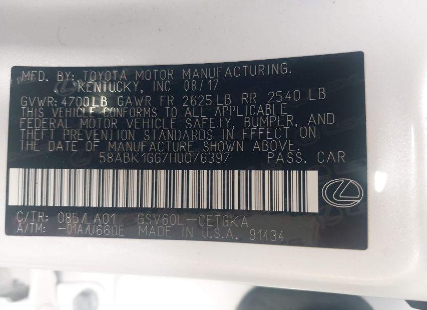 Photo 9 of 2017 Lexus Es 350 (VIN 58ABK1GG7HU076397)